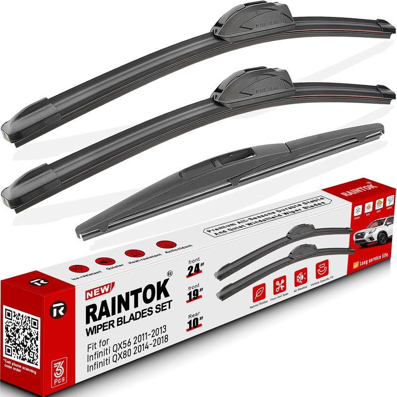 Raintok Windshield Wiper Blade Set Replacement for 2011-2013 Infiniti QX56/2014-2018 Infiniti QX80 and Rear Windshield Wiper Blade-24"/19"/10" (Set of 3) U/J HOOK - Image 1